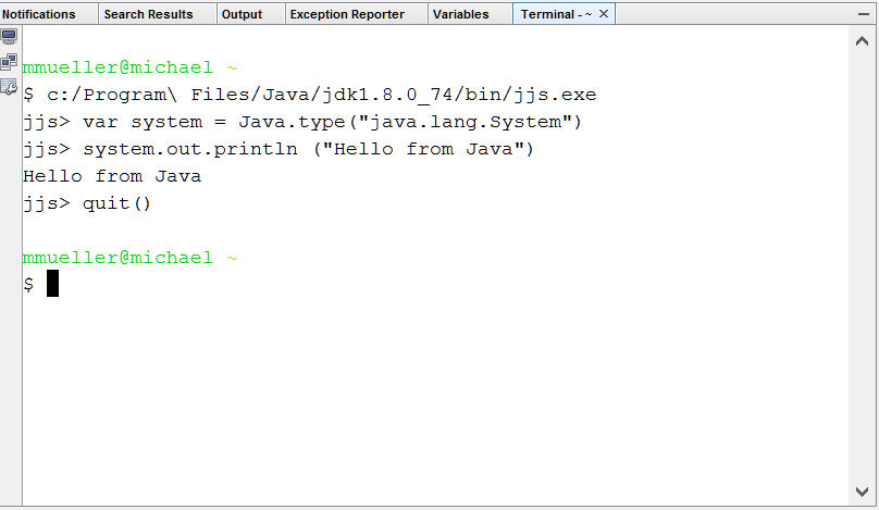 Nashorn seesion in NetBeans terminal window